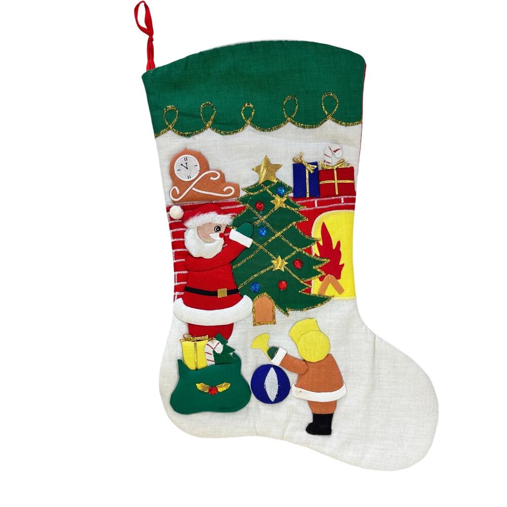 Santa Claus Applique Christmas Stocking Handmade 13.5" x 9.5" Multicolor